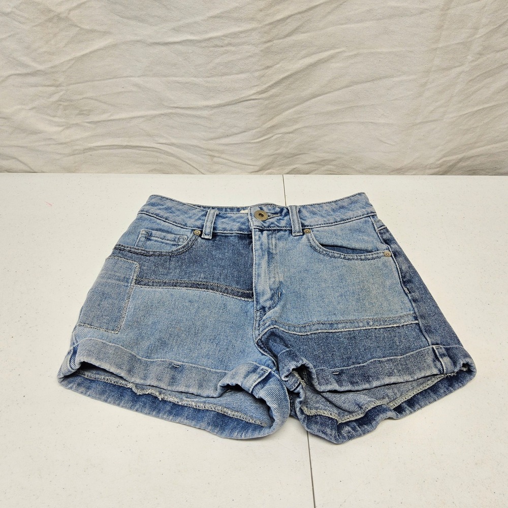 Bullhead Denim Co Patchwork Mom Shorts Womens 0 Blue High Rise‎ Two Tone Cotton